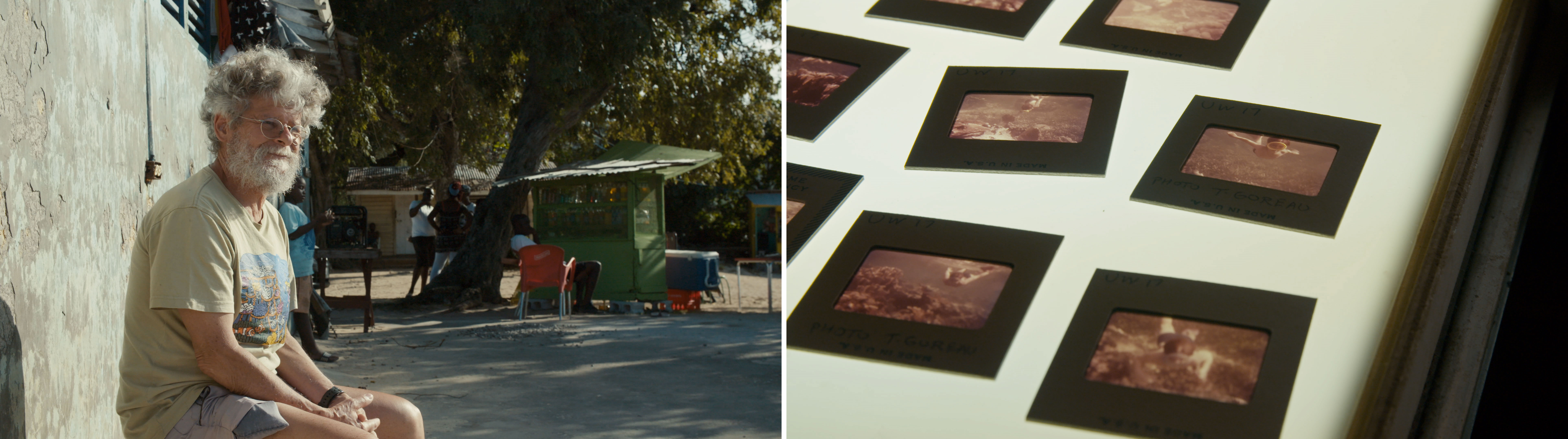 Stills from the film "Coral Ghosts" show Tom Goreau sitting on an outdoor bench and slides on a light table