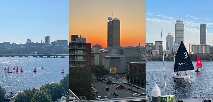 Three scenic photos from around MIT's campus, left the Charles River, middle, a sunset photo with buildings, right a boat on the Charles River
