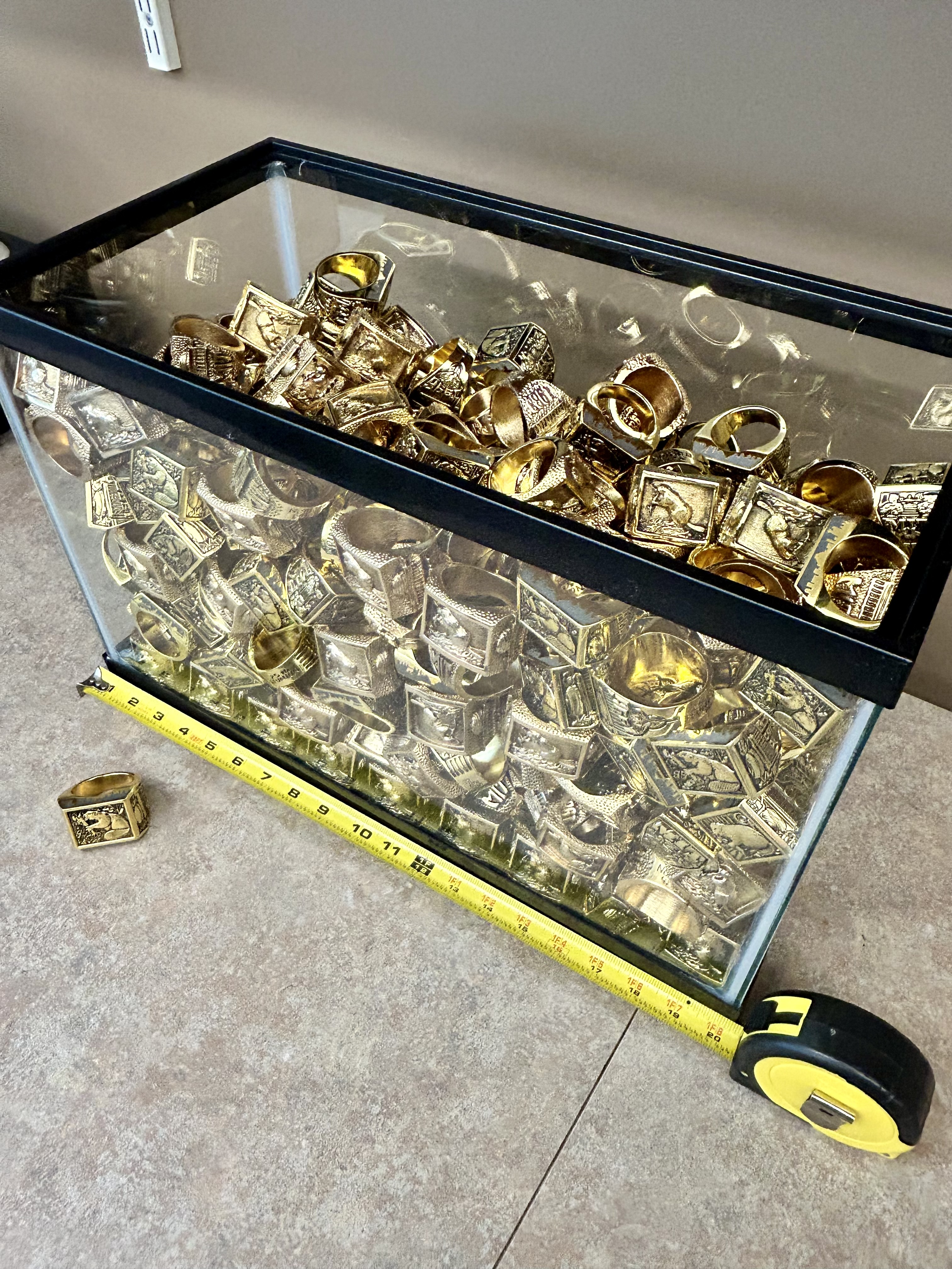 A glass aquarium is filled with display-size brass rat ring paperweights. A tape measure shown alongside the bottom of the container indicates the aquarium is 20 inches long. The width of the container is not shown but appears to be less than half the length. The rings are loosely arranged and fill to a level about 3 or 4 inches from the top. The size of the paperweights is unclear, but they appear to be of uniform size, each somewhere between 2 and 3 inches in diameter. A brass rat ring is also shown outside the aquarium. The aquarium will be at Steinbrenner Stadium during the Tech Challenge Games from 2-3:30pm.