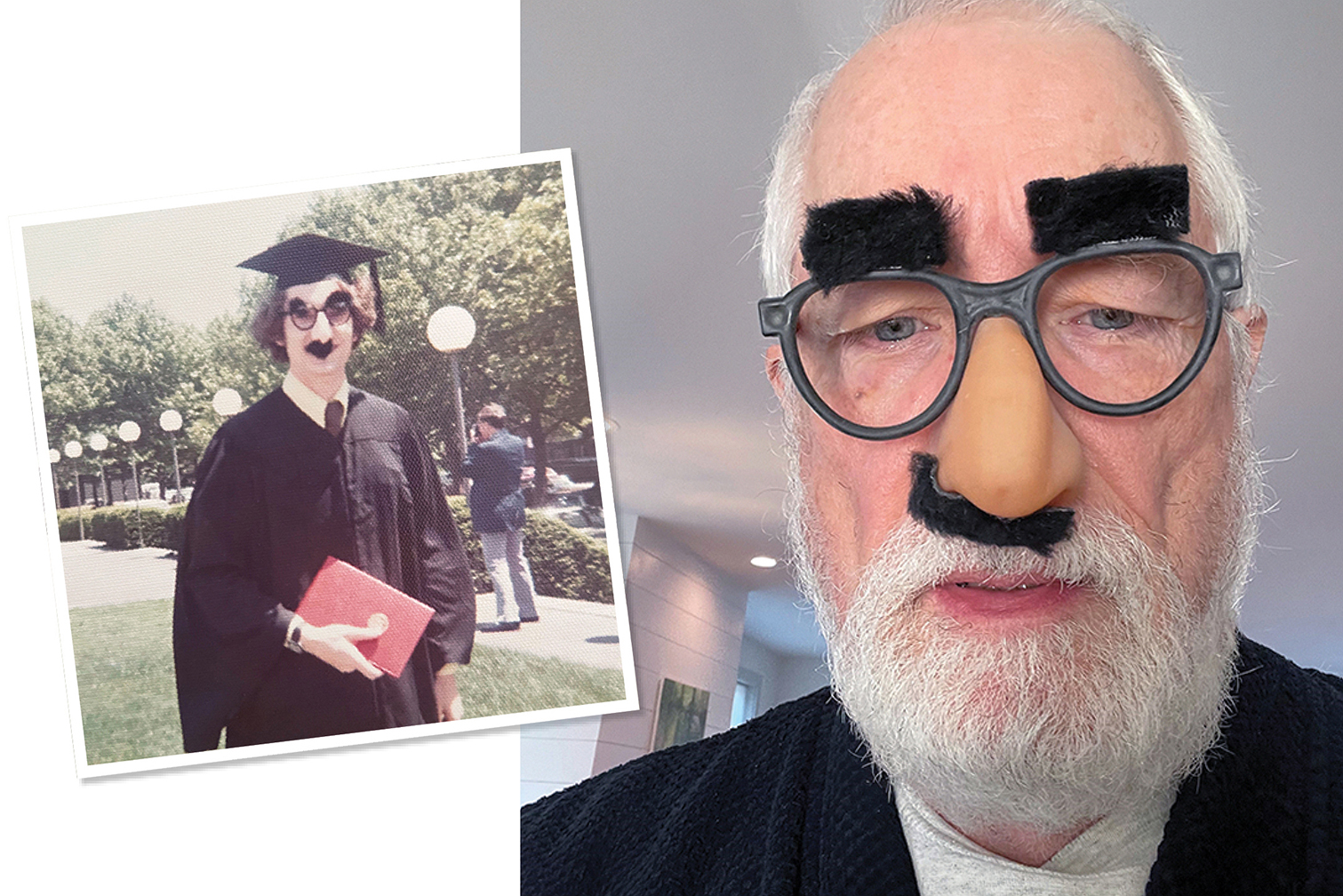 A photo collage with two photos of MIT alum Alan Paul Lehotsky, left an old photo at MIT's graduation wearing Groucho glasses, and right him today wearing the same glasses