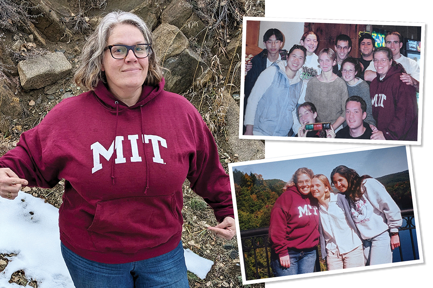 A photo collage of photos of MIT alum Amy (Schonsheck) Simpkins all three showing her wearing an MIT sweatshirt, one by herself, one with two other people, and another in a large group