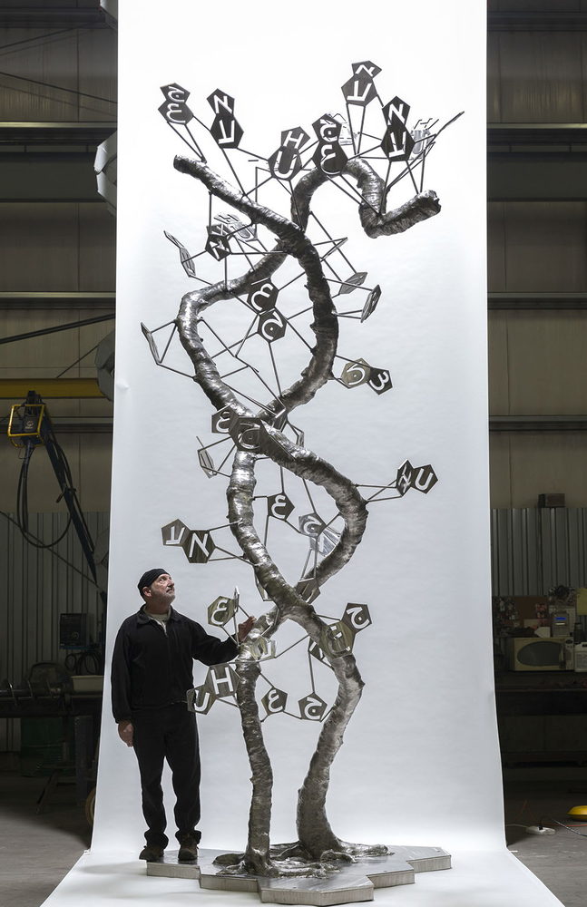 Edelman with his sculpture Double Helix