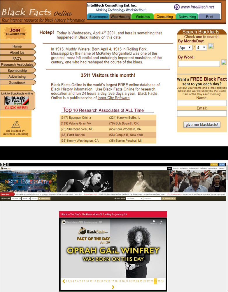 The site's homepage in 2001 (top) and in 2021 (below).