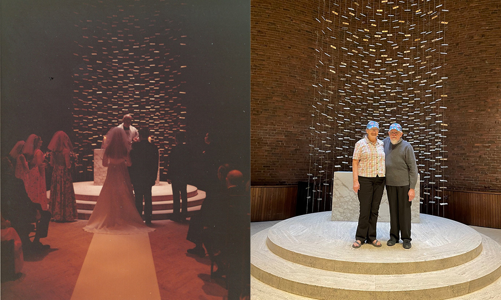 A photo made up of two images, left shows Jean and Irv Paskowitz standing in the MIT chapel on their wedding day and right shows the couple on their 50th wedding anniversary in the MIT chapel