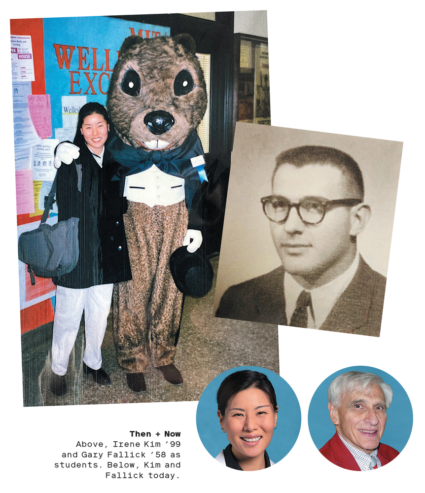 Photo collage of Gary Fallick ’58, SM ’60, and Irene Kim ’99