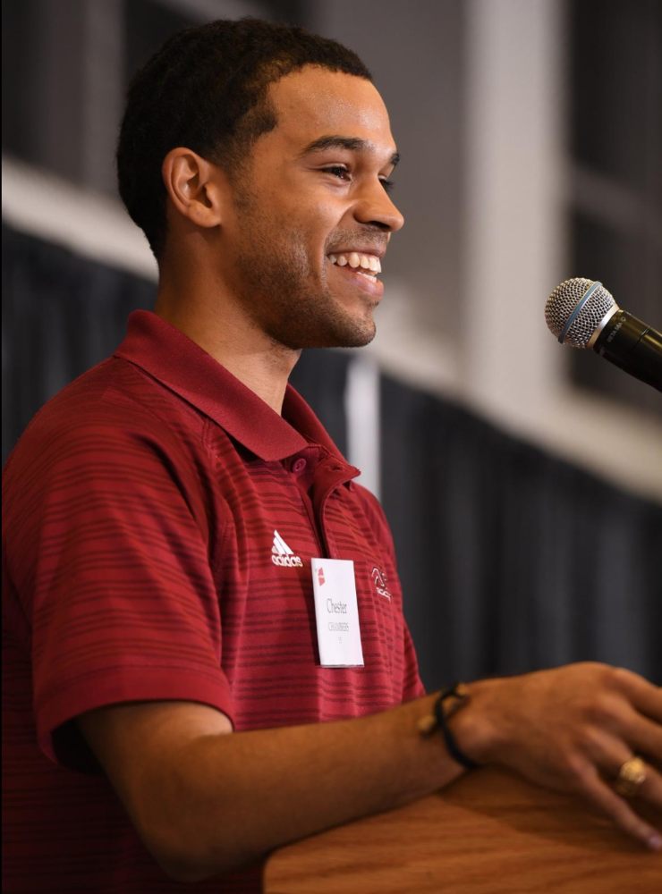 Chester Chambers ’15 speaks at the MIT Men’s Soccer 100 Year Celebration in 2018.