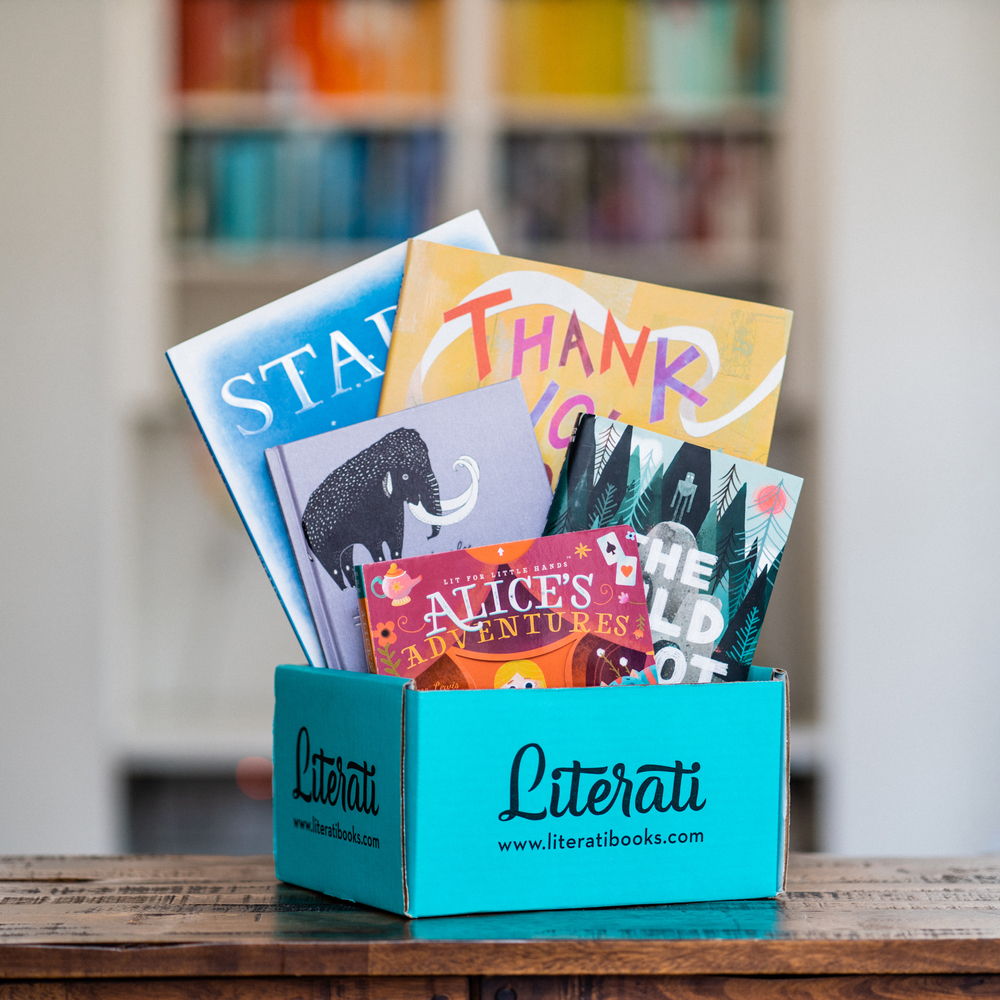 A blue box marked "Literati" contains an assortment of children's books