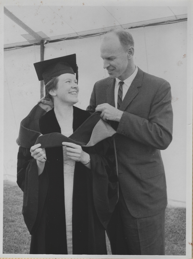 A Boston Herald newspaper clipping shows a young Partee at her MIT Commencement with her brother 