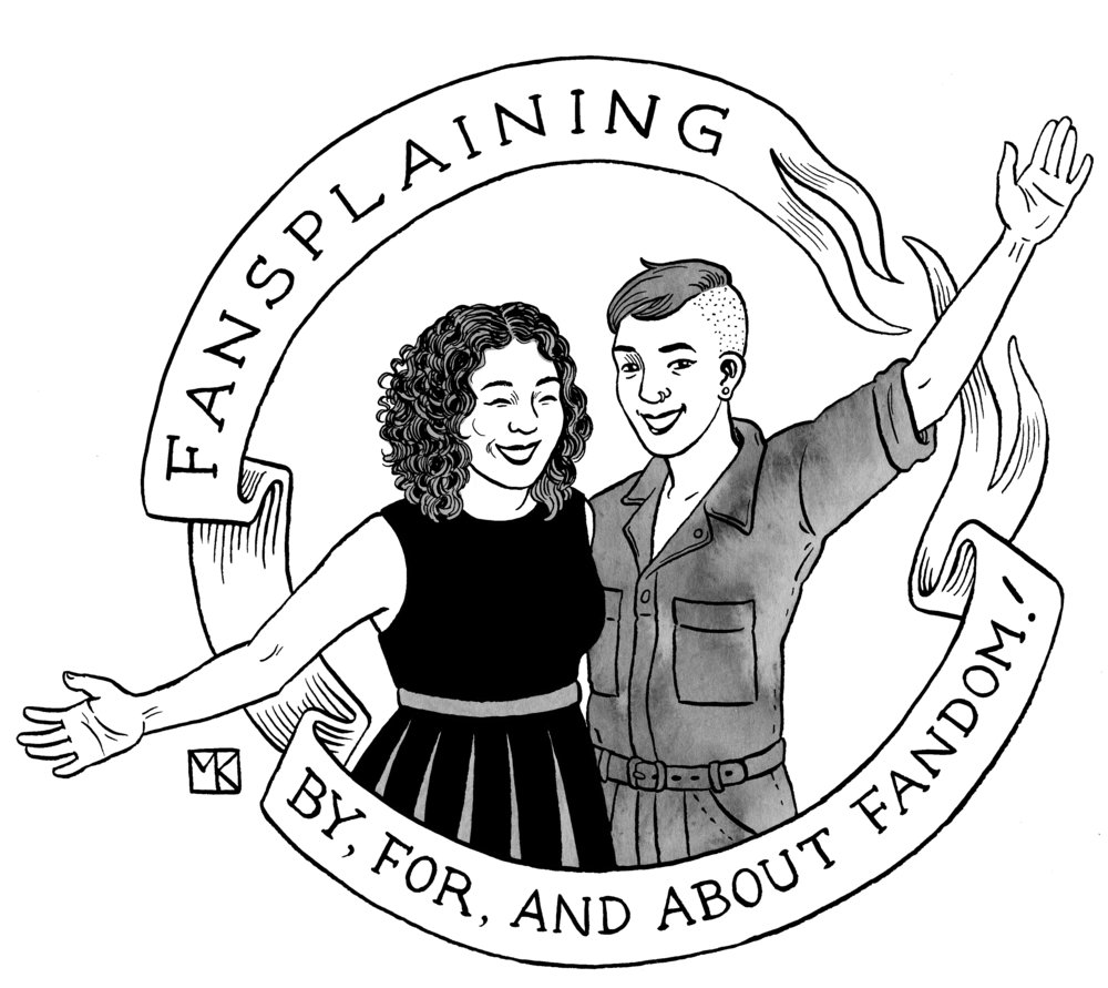 Black and white logo for Fansplaining, with illustration of hosts Flourish Klink and Elizabeth Minkel