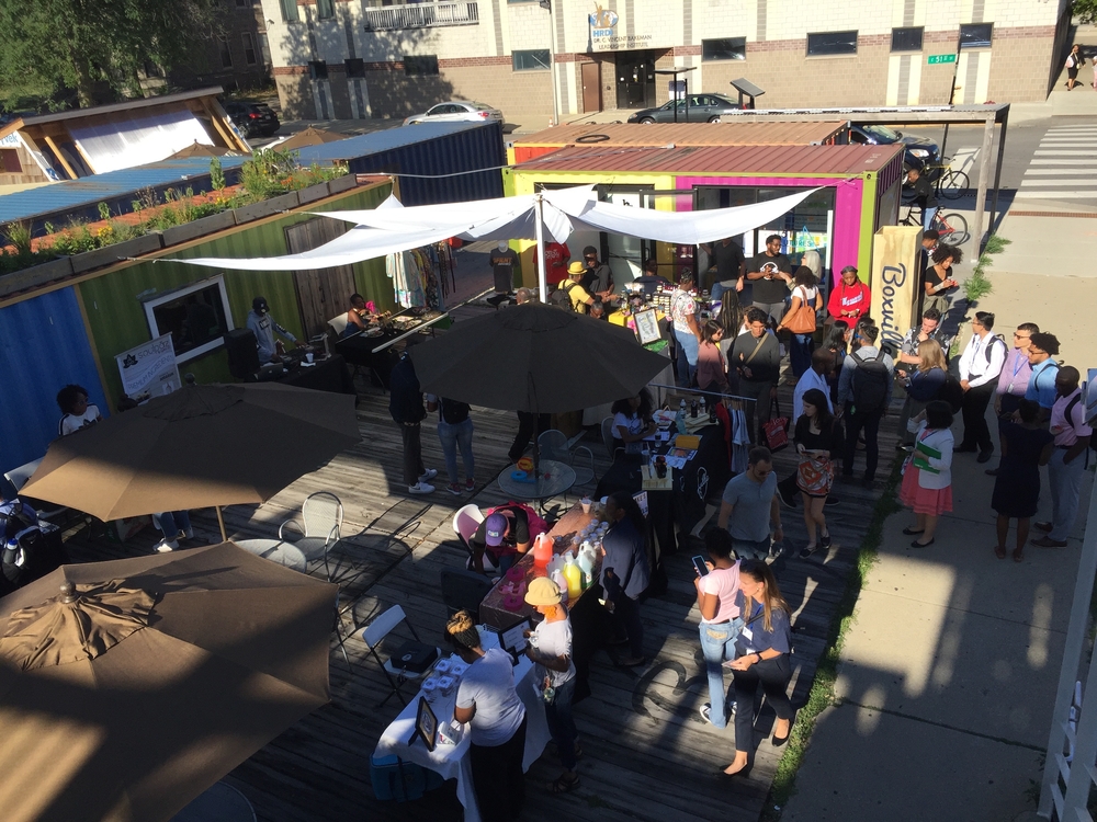 Aerial view of outdoor market made of shipping containers