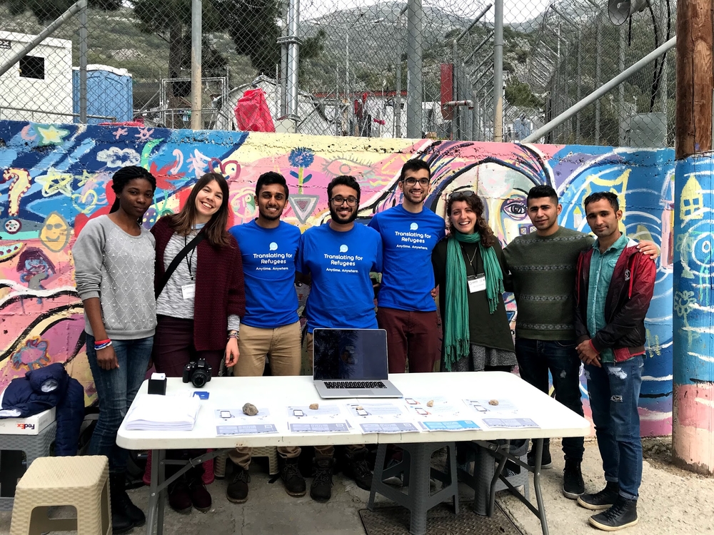 The Tarjimly team demo booth at the refugee camp in Samos, Greece. 