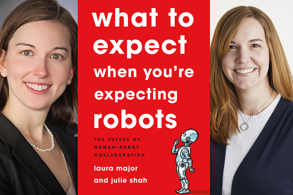 Headshots of Julie Shah and Laura Major with the cover of their book