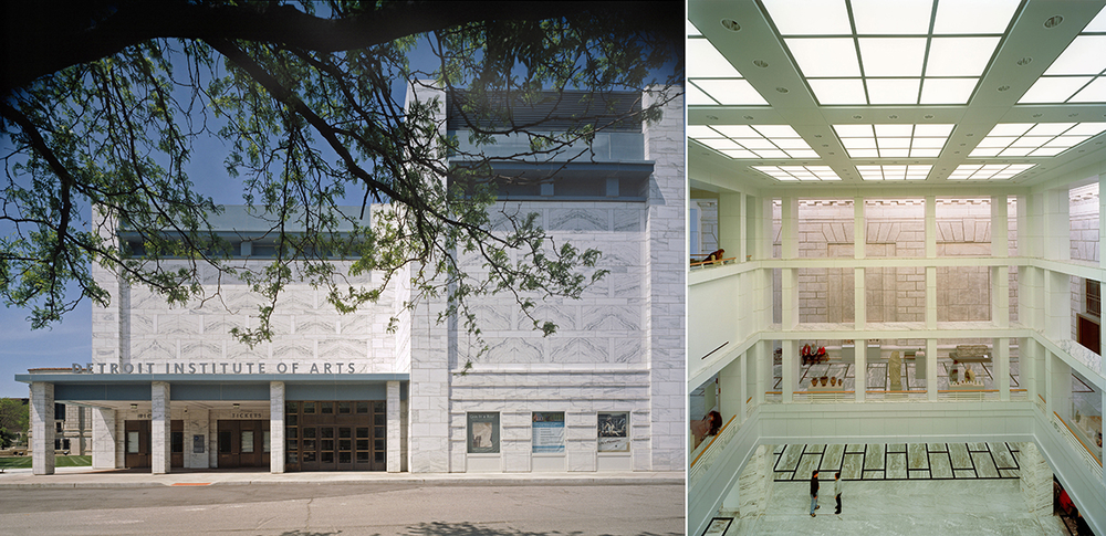 The white stone facade of the exterior of the Detroit Institute of Arts, and a view of the interior court with large windows