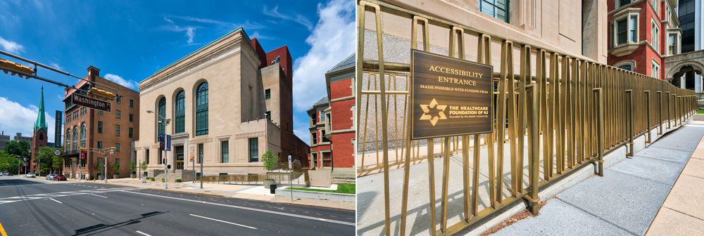 Street view of Newark Museum of art and close-up of bronze-colored fencing around the ramp of an accessibility entrance