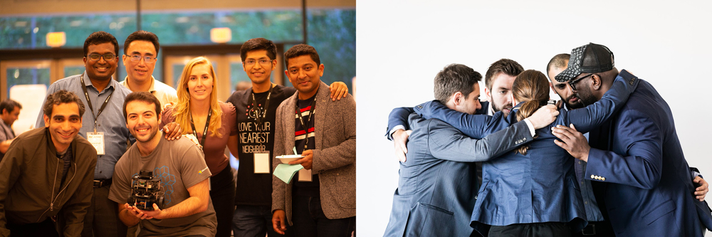 Side by side photos: a group posing with a small robotic device, and a group circled up in a huddle.