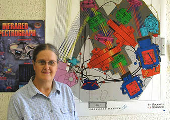 Marcia Rieke stands in front of an illustration of NIRCam.