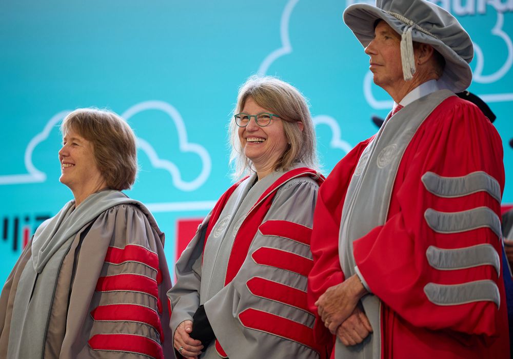 MIT Corporation Chair Diane B. Greene '78, MIT President Sally Kornbluth, and Chief Marshal John W. Jarve '78, SM '79 in MIT academic robes