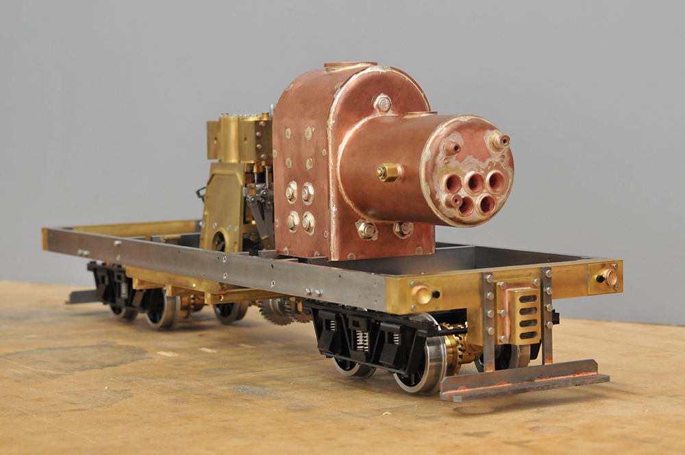 A boiler for a Gauge 1 live steam locomotive model, mounted on the locomotive frame