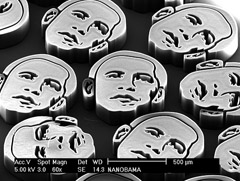Microscopic faces of Barack Obama made using nanotechnology and imaged using a scanning electron microscope. Each face consists of millions of vertically aligned carbon nanotubes, grown by a high-temperature chemical reaction.