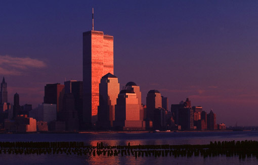 The former World Trade Center in Lower Manhattan, New York City, at sunset. (© Owen Franken).