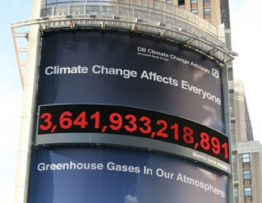 The carbon counter, seen here on the Deutsche Bank building in New York City, estimates and displays the amount of green house gases in our atmosphere. Photo: www.dbcca.com