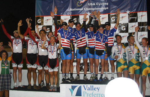 The champs celebrate on the podium (left). Members of the MIT Cycling Team, in no particular order, are: Yuri Matsumoto, Martha Buckley, Laura Ralston, Guo-Liang Chew, Zach Labry, Matt Blackburn, Jose Soltren, Nick Loomis, Mike Garrett, Tim Humpton, and Jason Sears.