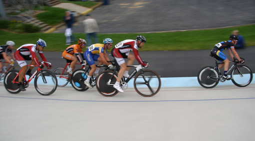 In this points race, Mike Garrett (center, on black and white bike) managed a heroic effort and actually lapped the field. That doesn't happen often in this level of competition and he shot up in the ranking because of it. All photos courtesy Nick Loomis.