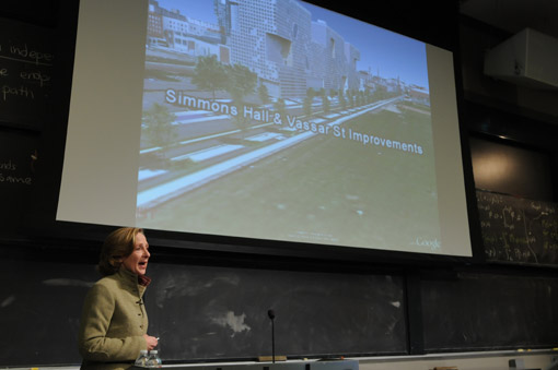 President Hockfield narrating her flyover video of campus enhancements past, present, and future.