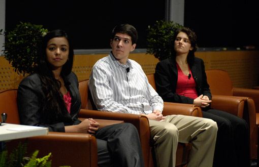 From left: Seniors Sonya Makhni, Ryan Schoen, and Anna Waldman-Brown listen as classmate Leif Francel gives his presentation as part of the student life panel.