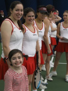 Before a match, Caroline joins the team lineup including Leslie Hansen,(from left Anastasia Vishnevetsky, and Yi Wang.