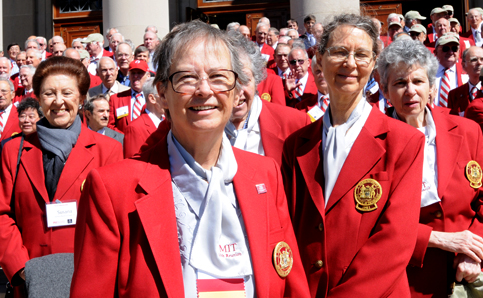 From left: Class of 1961 classmates Susana Ravecca-Figoli, Marla Moody, Susan Kannenberg, Karlene Gunter, and Marion Weiner Berger prepare to march in the Commencement Procession. They were among 80% of 1961 alumnae who attended this 50th reunion. Photo: Darren McCollester.