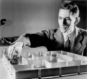 Claude Shannon's clever electromechanical mouse, which he called Theseus, was one of the earliest attempts to teach a machine to learn and one of the first experiments in artificial intelligence.  Photo: Bell Labs