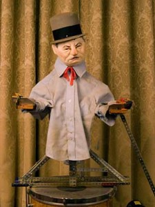 Shannon built this 3-foot-high mechanical W.C. Fields, which juggles balls by bouncing them onto a drum. Photo: Mark Ostow
