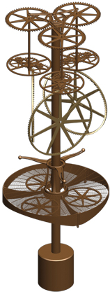 The main power storage for the clock is a large weight hanging on a rack gear. The weight can be wound both by visitors to the clock as well as the solar winder. 