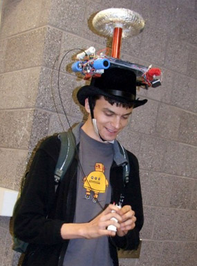 Tyler Christensen wearing his Tesla coil hat