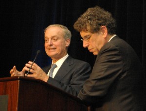 John Reed ‘61, SM ‘65, left, responds to audience questions presented by Northern California alumni board member Mark Gorenberg ‘76