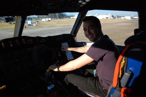 MIT IAP externs Brandon Le '15 (above) and Paul Lazarescu '13 checking out NASA's P-3B research aircraft based at the NASA Wallops Flight Facility as part of their project to figure out how to install a microwave Earth sensing instrument in Wallops aircraft. Their externship was during January 2012 with mentor Edward Kim '86, SM '89, EE '90 at the Goddard Space Flight Center.