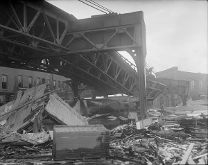 Twisted elevated structure on Atlantic Ave., damaged in the 1919 Molasses Disaster in Boston; Courtesy of the Boston Public Library, Leslie Jones Collection.