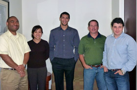 From left to right Vesta Marks '00, Course 18; Diana Hsieh '13, Course 14; Michael Farid '14, Course 2; Jay Menozzi '85, Course 6; and Boris Peresechensky.