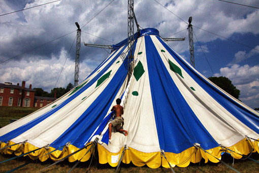 Marecki on the Circus Smirkus big top. Photo: Harry Powers.