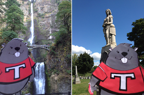 Left: Tim at Multnomah Falls in Oregon, the second-highest year-round waterfall in the US. Right: Tim at the Married Giants’ grave in Seville, Ohio.