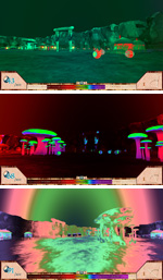 Screen shots of the game showing (from top) an increasingly relativistic world.