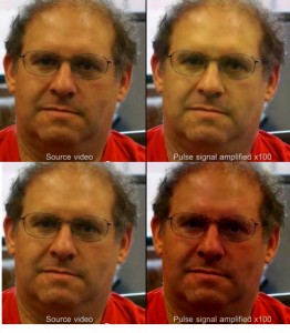 Photos of a man's face captured before and after a video is run through the EVM software.