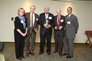 From left: DAPER's Julie Soriero, Ted Heuchling '46, Arnie Singal GM '63, Mike Nacey '52, and coach Larry Anderson.