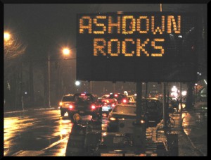 Ashdown Residents hack an electronic road sign on Massachusetts Avenue. Undated