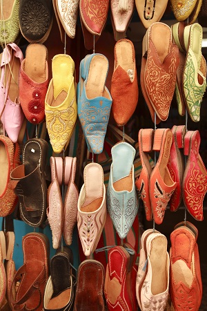 Shoes for sale in the market in Essaouira, Morocco.  Photograph by Owen Franken