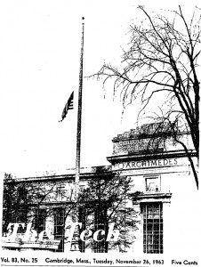 The 1963 Tech photo shows a flag flown at half mast to honor JFK.
