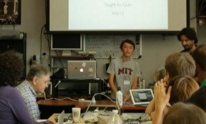 Quin Etnyre teaches Arduino programming to alumni.