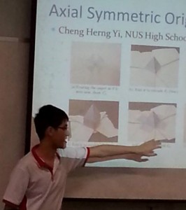 Herng Yi Cheng leads an origami math workshop for Grade 8 students in Singapore.