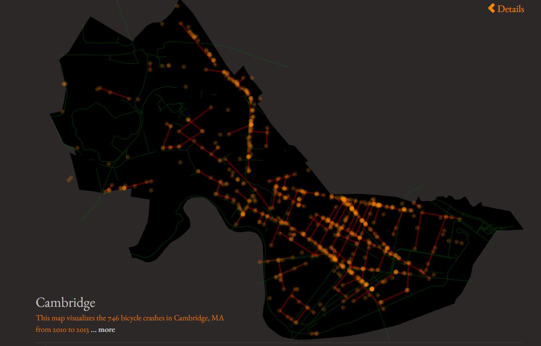 Police-reported bicycle crashes in Cambridge, Mass., 2010-2013. Image via You Are Here.